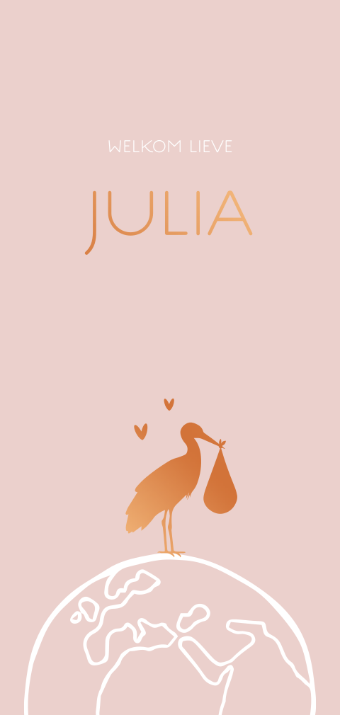 Roze geboortekaartje met silhouette ooievaar in koperfolie