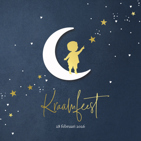 Goudfolie kraamkaartje met jongetje op de maan