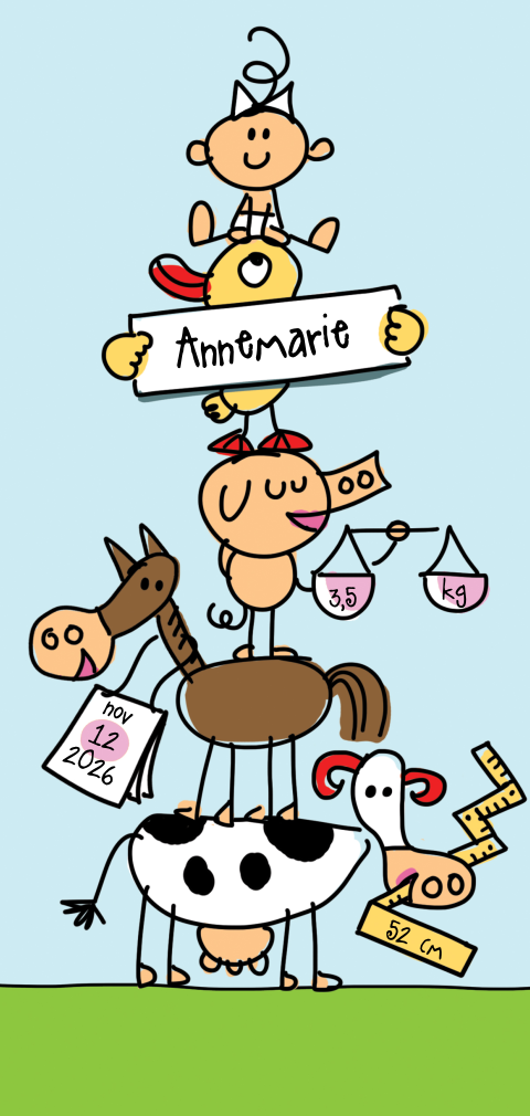 Vrolijk meisjes geboortekaart met koe, paard, varken en eend