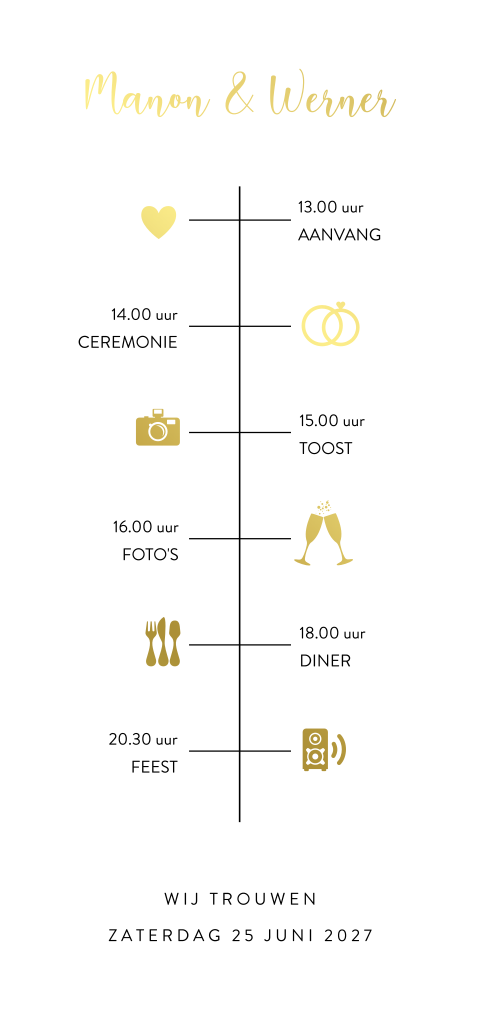Staande trouwkaart met goudfolie tijdlijn