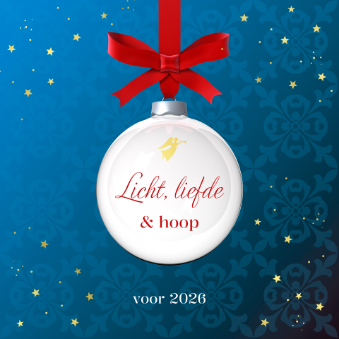 Kerstkaart met witte kerstbal en tekst Licht, liefde & hoop