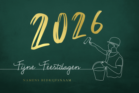 Kerstkaart met lijntekening schilder en 2026 in goudfolie