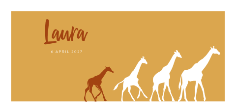 Okergeel geboortekaartje met vier girafjes