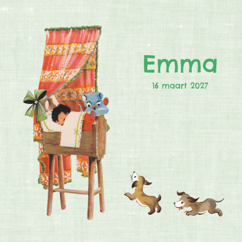 Retro geboortekaartje meisje in wieg met twee hondjes