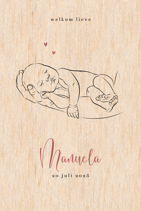 Houten geboortekaartje met tekening baby meisje