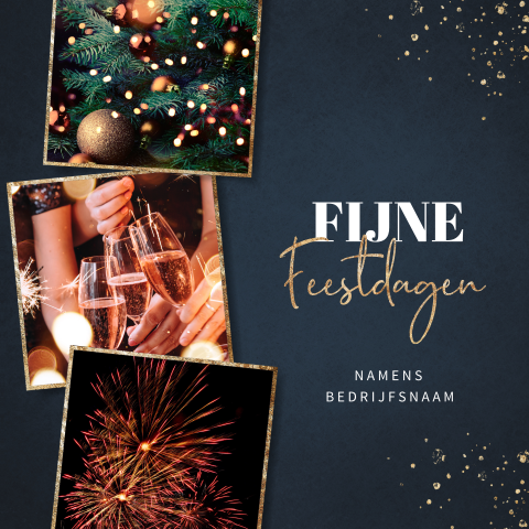 Blauwe zakelijke kerstkaart met gouden fotokader en spetters
