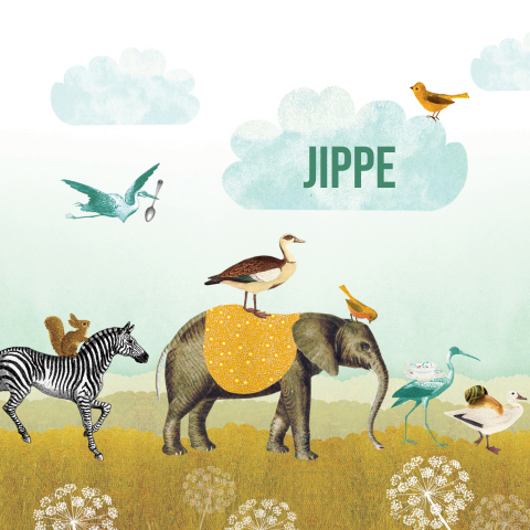 Geboortekaartje met dierenparade in het zeegroen