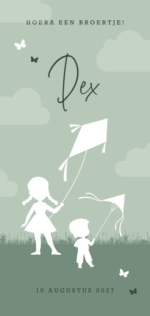 Groen geboortekaartje jongen met grote zus en vliegers
