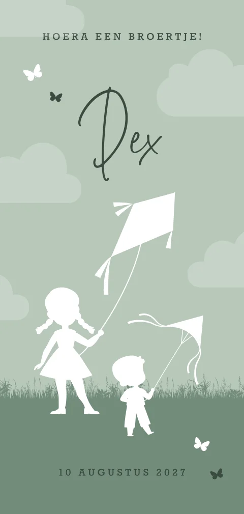 Groen geboortekaartje jongen met grote zus en vliegers