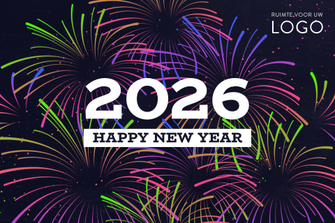 Kerstkaart met Happy New Year en neonachtige vuurwerkexplosies