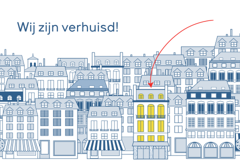 Verhuiskaart stad met blauwe huisjes en pijl