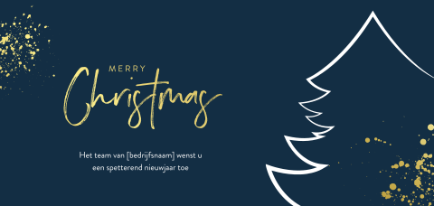 Donkerblauwe kerstkaart met witte kerstboom en goudfolie