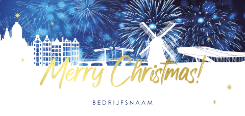 Goudfolie kerstkaart met skyline van Amsterdam