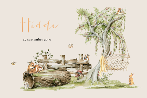 Waterverf geboortekaartje met wiegje en bosdiertjes