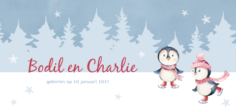 Tweeling geboortekaartje met schaatsende pinguin meisjes