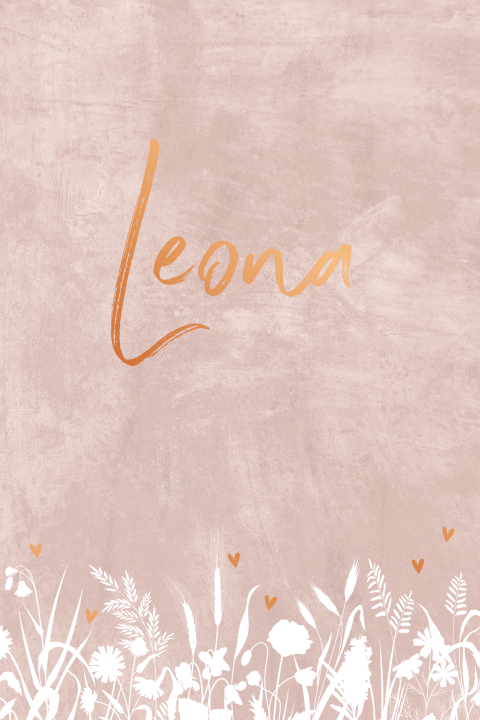 Oudroze geboortekaartje met koperfolie hartjes en witte bloemen