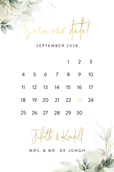 Botanische save the date kaart met kalender en goudfolie