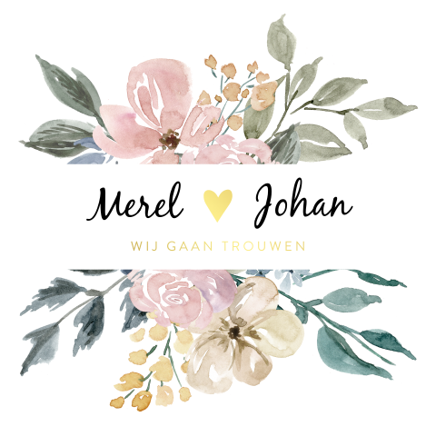 Trouwkaart met geschilderde bloemen en gouden hartje