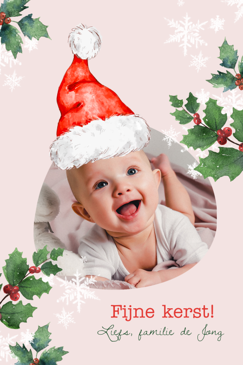 Roze kerstkaart met foto en kerstmuts