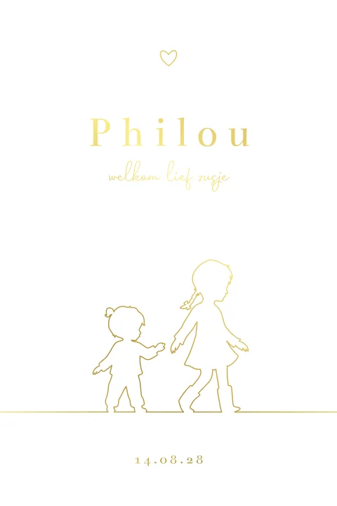 Klassiek geboortekaartje zusjes met goudfolie lijntekeningen