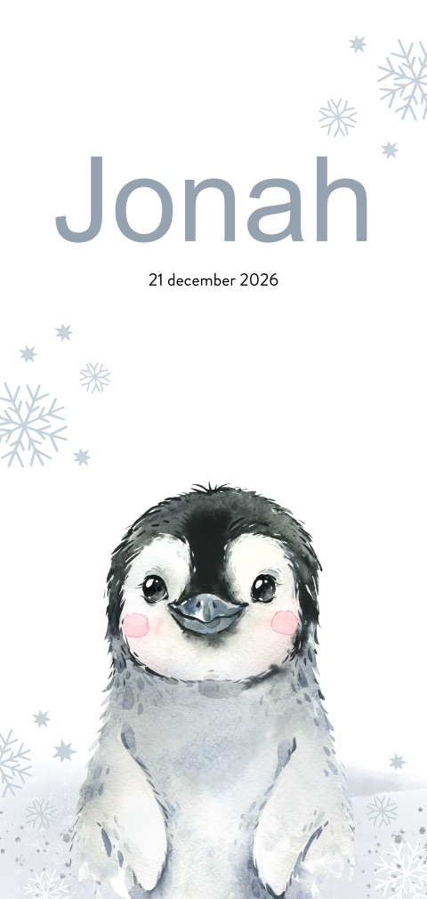 Winter geboortekaartje met pinguin en sneeuwvlokken