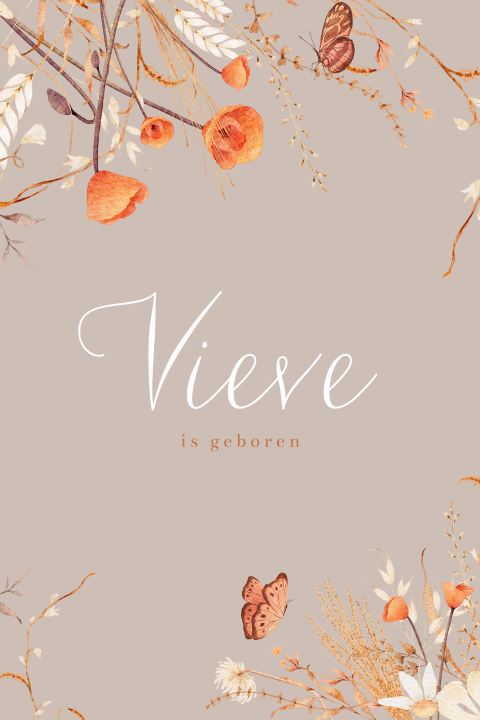 Geboortekaartje met oranje bloemen en vlinders