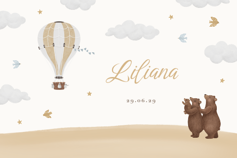Lief geboortekaartje met gele luchtballon en beertjes