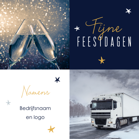 Zakelijke kerstkaart met transport en champagne foto's en sterren