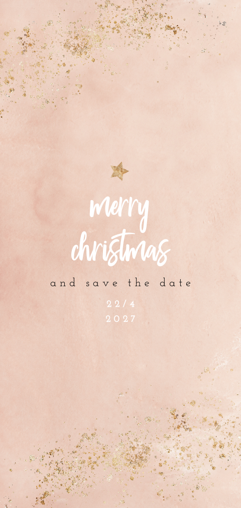Blush kerst save the date kaart met gouden spetters