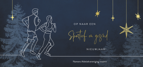 Donkerblauwe kerstkaart oneline hardlopers en goudfolie