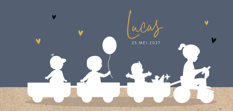 Silhouet geboortekaartje met vier kinderen in de bakfiets