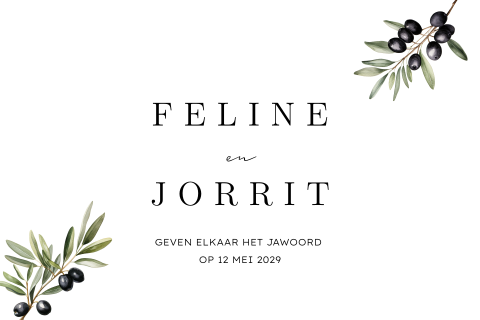 Trouwkaart met zwarte olijven en eucalyptus bladeren