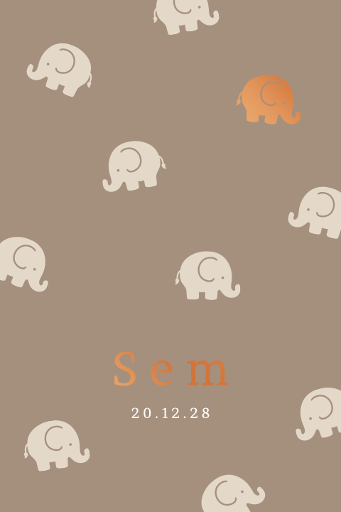 Geboortekaartje met beige olifantjes en koperfolie