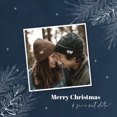Blauwe kerst save the date kaart met takjes en foto