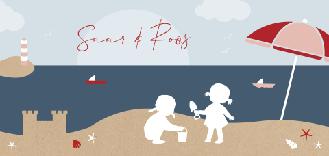 Tweeling geboortekaartje met silhouet meisjes op strand