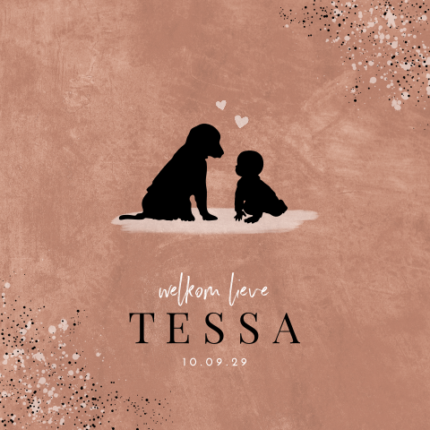 Terra geboortekaartje met silhouetjes hond en baby