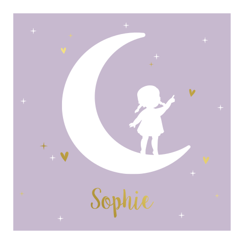 Lila geboortekaartje met silhouet meisje op maan en goudfolie