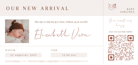 Roze geboortekaartje in vorm van ticket