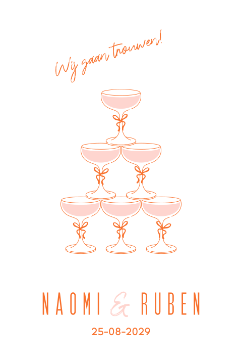 Hippe trouwkaart met oranje champagne fontein