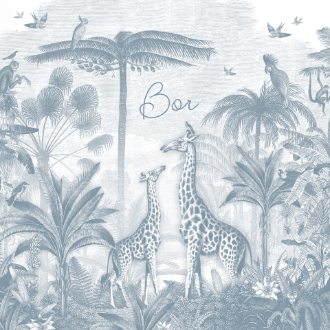 Blauw geboortekaartje met giraffen, slingeraapjes en vogels