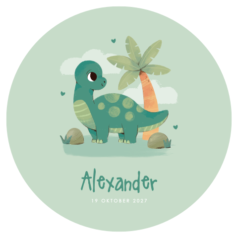 Rond groen geboortekaartje jongen met groene dino