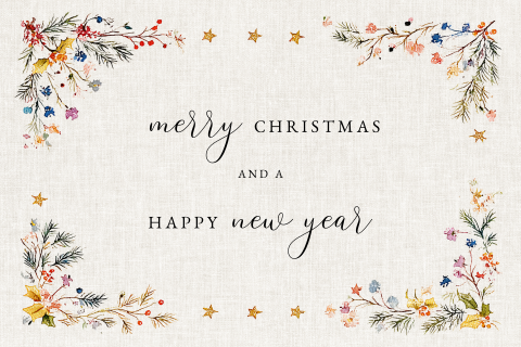 Stijlvolle kerstkaart met winterse takjes en gouden sterretjes