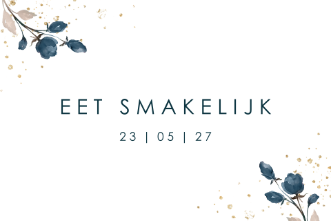 Tafelkaartje met gouden spetters en blauwe bloemen