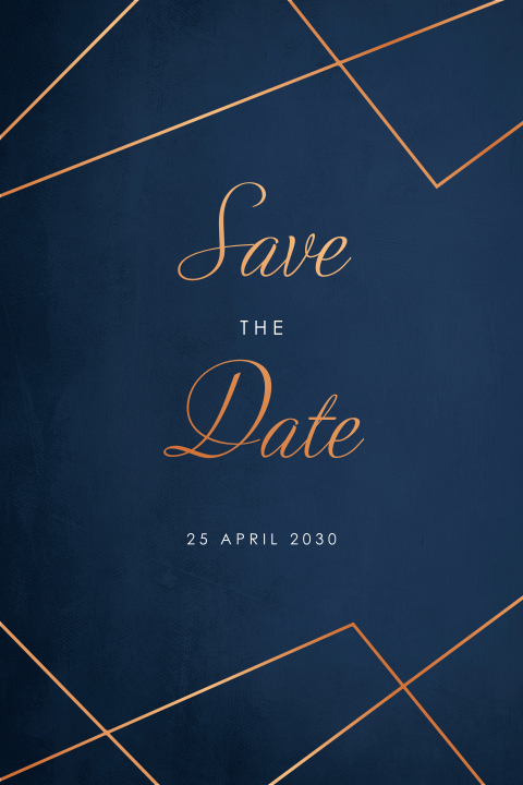 Save the date kaart donkerblauw met koperfolie lijnen