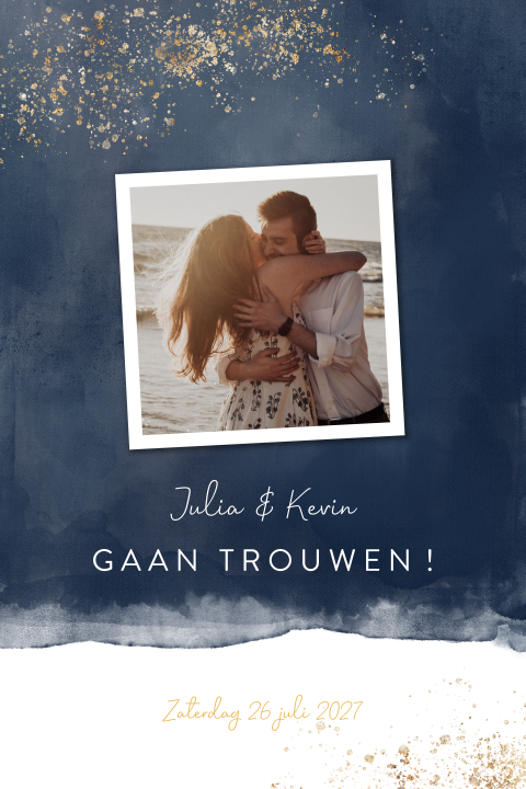 Donkerblauwe enkele trouwkaart met spetters