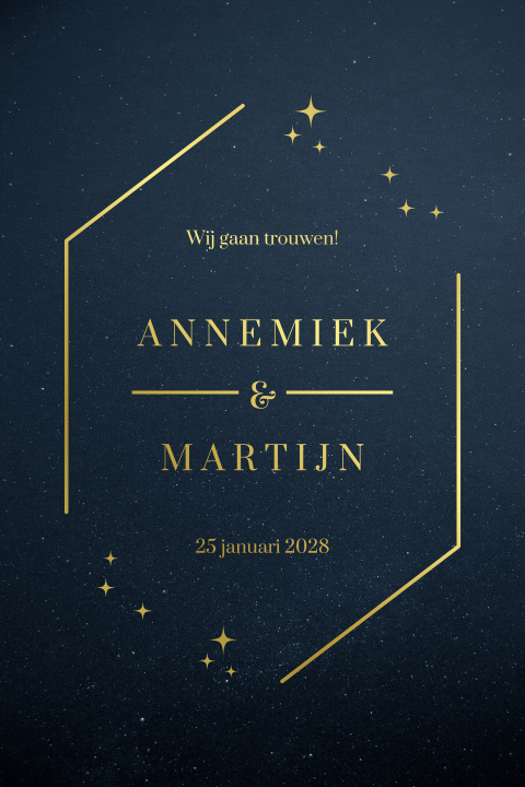 Donkerblauwe winter trouwkaart met gouden sparkels