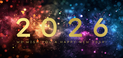 Sprankelende nieuwjaarskaart met vuurwerk en 2026 goudfolie