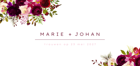 Romantische trouwkaart met grote roze burgundy bloemen