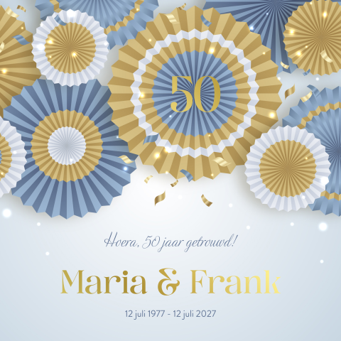 Uitnodiging 50 jarig jubileum met gouden en blauwe waaiers
