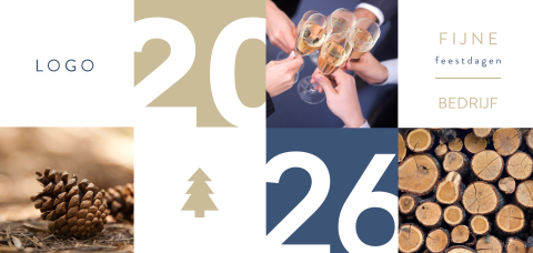 Grafische kerstkaart met diverse foto's en 2026 in vlakken
